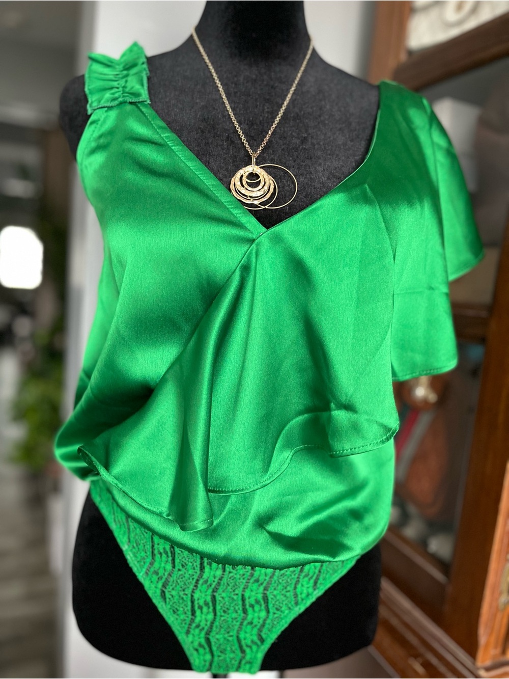 glam Emerald Green Satin V-Neck Ruffled Bodysuit